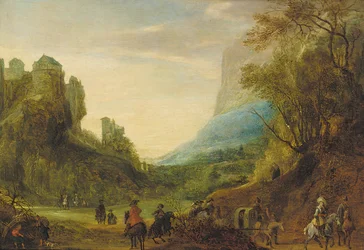 Alpenlandschap met Reizigers in een Vallei