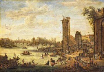 Een Zicht op Parijs richting Ile de la Cité en de Pont Neuf, 1671-77