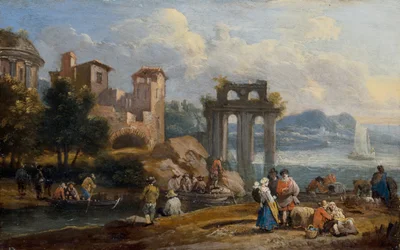 Figuren in een landschap rustend bij een ruïne