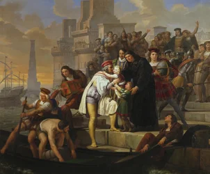 Christoffel Columbus omhelst zijn twee zonen en beveelt hen aan bij Vader Giovanni Perez voor vertrek uit Palos om Amerika te ontdekken