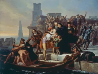 Christoffel Columbus verlaat de haven van Palos de la Frontera en beveelt zijn zonen aan bij Vader Giovanni Perez (1492)