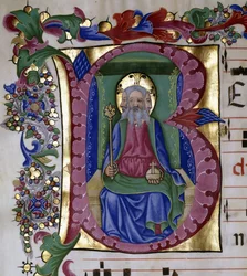 De Heilige Drie-eenheid: God de Vader in Zijn Majesteit op de Troon, met bol en scepter, afgebeeld met drie gezichten, binnen een initiaal "B", c.1480