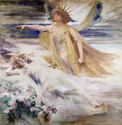 "De Geest van de Nieuwe Eeuw" Allegorie op de 20e eeuw die voortkomt uit de slapende 19e eeuw. Schilderij van Percy Anderson (1851-1928) (pre-raphaeliet) 1900 Privécollectie