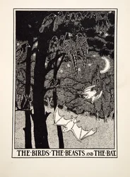 De vogels, de beesten en de vleermuis, uit A Hundred Fables of Aesop, uitgegeven 1903 (gravure)