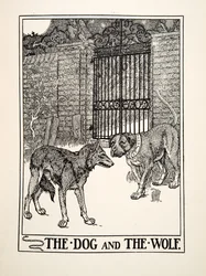 De Hond en de Wolf, uit Honderd Fabels van Aesopus, uitgegeven 1903 (gravure)