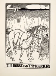 Het paard en de beladen ezel, uit A Hundred Fables of Aesop, uitgegeven 1903 (gravure)