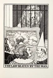 De leeuw verslagen door de man, uit Fontaine Fabels, uitgegeven 1905