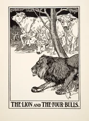 De leeuw en de vier stieren, uit Honderd fabels van Aesopus, uitgegeven 1903