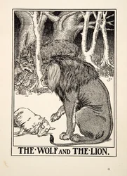 De wolf en de leeuw, uit Honderd fabels van Aesopus, uitgegeven 1903