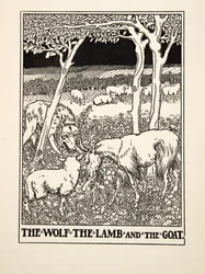 De Wolf, het Lam en de Geit, uit Honderd Fabels van Aesopus, uitgegeven 1903 (gravure)