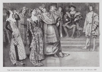 Dansen: De kardinalen van Narbonne en Saint Severin dansen een Pavanne voor Lodewijk XII in Milaan