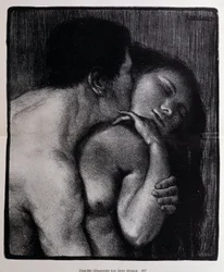 Man die een vrouw kust. Lithografie door Pere Torne-Esquius