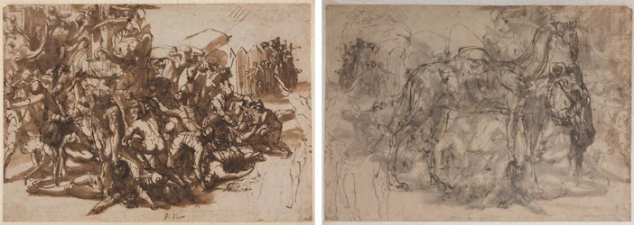 Poros aangevallen door het Macedonische leger (recto); Schetsen van dieren (verso)