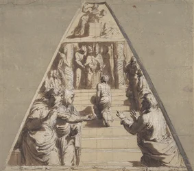 Presentatie van de Maagd in de Tempel beneden, Abraham op het punt om Isaac te offeren boven, 1520