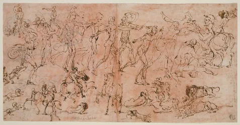 Studies van krijgers, ruiters en leeuwen (recto); Studies van hoofden en naaktfiguren, plafondplan en inscripties (verso)