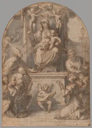 De Maagd op de troon met heiligen Gregorius en Jacobus, en een familie van schenkers