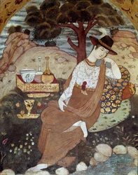 Een Perzische prinses onder het bewind van Abbas I, rustend. 17e eeuw. Fresco uit het Paleis van de 40 Kolommen (Chehel Sotoun) in Isfahan, Iran.