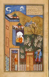 Een dwaas zaagt de tak door waarop hij zit onder het oog van de tuinman Pagina uit het Perzische manuscript ms. 1187 (fol 27v) kopie in Bukhara rond 1540-1557. Parijs, B.N.