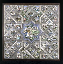Een aardewerk tegelpaneel, met Bahram Gur op jacht en verschillende andere figuren in diverse scènes (late 19e eeuw)