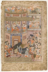 Ali heft de poorten van Qamus op, uit een Rawzat al-safa, 1571-72
