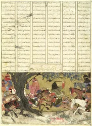 Ardashir vecht tegen Bahman, de zoon van Ardavan, illustratie uit de Shahnama (Boek der Koningen), door Abul-Qasim Manur Firdawsi (c.934-c.1020) 1325-50 (wc, inkt & goud op papier)