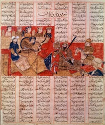 Kunst Iran (Perzië): miniatuur van een manuscript door de Shah Nqmeh, Koning Bahram Gour doodt de heerser van de Touraniërs. Manuscript uit 1341. Privécollectie.