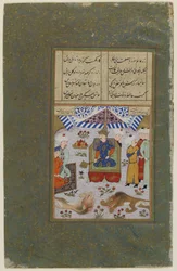 Bahram Gur tronend na het doden van de leeuwen, ca. 1490 (dekkende aquarel, inkt en goud op papier)
