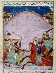 Slag tussen Mongolen en Georgiërs. De Georgiërs vluchten. Perzische miniatuur rond 1430. Parijs, B.N.