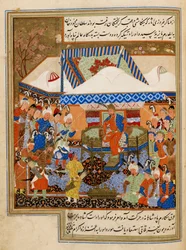 Bayazid I voor Timur gebracht na de slag bij Ankara (1402) (illustratie uit 