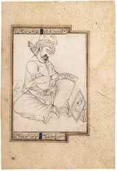 Kalligrafie; Een kunstenaar aan het werk, ca 1600 (Inkt, goud en aquarel op papier)