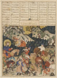 Folio uit een Shahnama (Boek der Koningen) door Firdawsi (gest. 1020); recto: Iskandar bouwt de ijzeren muur, Tabriz, Iran, Il-Khanid periode, ca. 1330-40