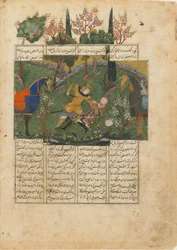 Folio uit een Shahnama (Boek der Koningen) door Firdawsi (gest. 1020); verso: Suhrab in gevecht met Rustam, Iran, ca. 1440