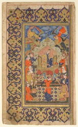 Folio uit Shahnama (Boek der Koningen) door Firdawsi; Bilqis op een troon