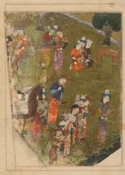 Folio uit een Zafarnama; recto: Timur verleent een audiëntie ter gelegenheid van zijn troonsbestijging in Balkh; verso: tekst, Shiraz, Iran, Timurid periode, 1436