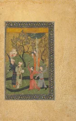 Folio uit een onbekende tekst; Een prins en prinses omringd door hovelingen in een tuin, Iran, Turkoman periode, ca. 1480