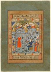 Folio van een ongeïdentificeerde tekst; Bahram Gur zit de executie van de tirannieke vizier voor, Qazwin, Iran, ca. 1580 (dekkende aquarel, inkt en goud op papier)