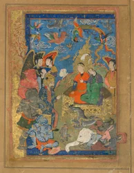 Folio uit een onbekende tekst; Sulayman en Bilqis op een troon