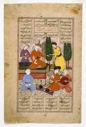 Geïllustreerde pagina uit de Shahnamah met Bahram Gur op zijn troon omringd door hovelingen in een tuin, late 17e eeuw