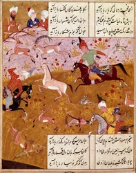 Islamitische Kunst: De koning jaagt Miniatuur die de gedichten van de Perzische dichter Hafez (Hafiz Shirazi) illustreert, Perzisch manuscript. 1554 San Lorenzo de El Escorial, Koninklijke Bibliotheek van het Klooster van El Escorial, Madrid