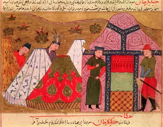 Het Kamp van Dzjengis Khan (c.1162-1227) uit een boek door Rashid al-Din (1247-1318)