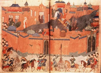 Ms.Sup.Pers.1113.f.180v-181 Mongolen onder leiding van Hulagu Khan bestormen en veroveren Bagdad in 1258, uit een boek van Rashid al-Din (1247-1318)