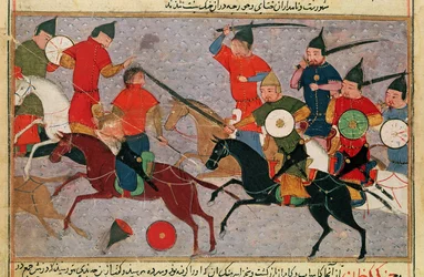 Ms Pers.113 f.49 Genghis Khan (c.1162-1227) in de strijd, uit een boek door Rashid-al-Din (1247-1318)