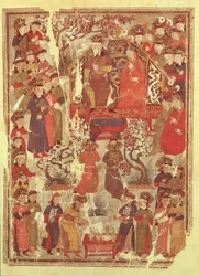 Genghis Khan en zijn vrouw Bortei op de troon voor hovelingen, folio uit een boek genaamd Jami al Tawarikh (Universele Geschiedenis) door Rashid ad-Din (1247-1318)