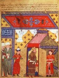 Ms. Supp. Pers. 1113 fol.239 Paviljoententen opgericht door Ghazan Khan in 1302, uit een boek van Rashid ad-Din