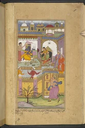 Bhima arriveert bij het kasteel van Dvaraka om Krishna uit te nodigen voor de 