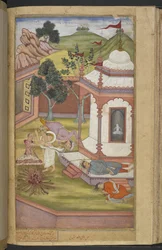 Candrahasa offert zichzelf in de tempel van Candika door stukken van zijn eigen vlees af te snijden en op het vuur te leggen, uit de 