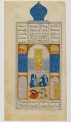 Pagina uit de Haft Paykar (Zeven Portretten), uit een manuscript van de Khamsah van Nizami: Bahram Gur bezoekt de koepel van Piruza op woensdag
