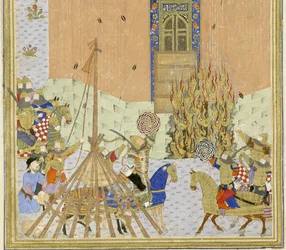 Perzisch 239 fol.223a Detail: Het fort van Gang Dizh aangevallen met mijnen, illustratie uit de Shahnama (Boek der Koningen), door Abul-Qasim Mansur Firdawsi (c.934-c.1020), 1444