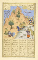 Iskandar troost de stervende Dar, illustratie uit de Shahnama (Boek der Koningen)