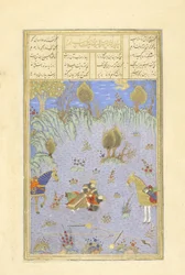 Suhrab gedood door Rustam, illustratie uit de Shahnama (Boek der Koningen)